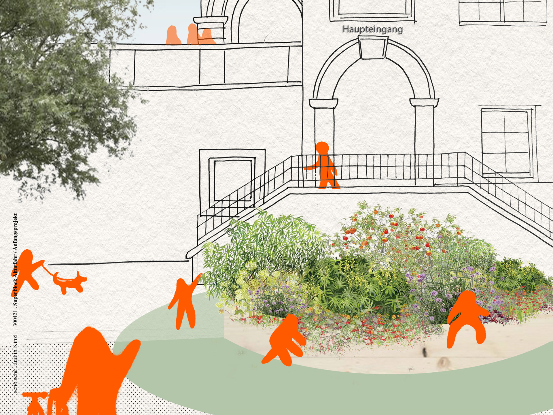 Visualisierung/Vision: Dorfplatz Alt-Urfahr. Vorplatz Weberschule