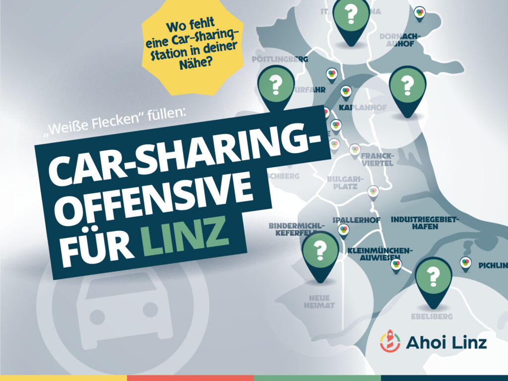„Car-Sharing-Offensive für Linz“ – mit Linzer Stadtkarte, die zeigt, wo  neue Car-Sharing-Stationen entstehen könnten.