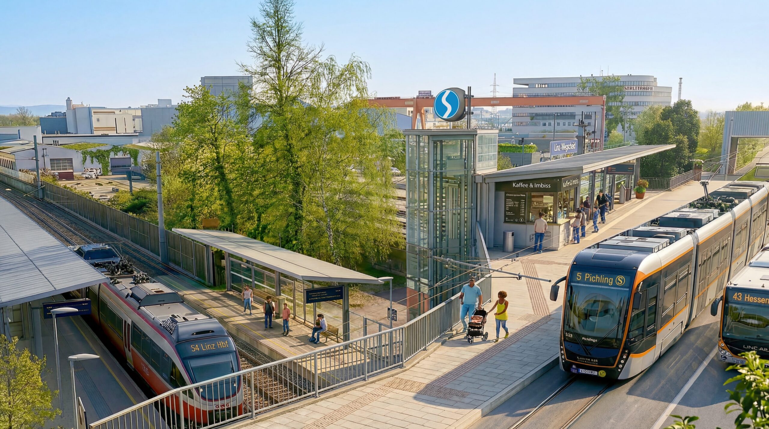 Visualisierung als Zukunftsbild: Der Nahverkehrsknoten Linz Wegscheid als Öffi-Drehkreuz im Linzer Süden (Foto: Ahoi Linz mit Unterstützung von KI)