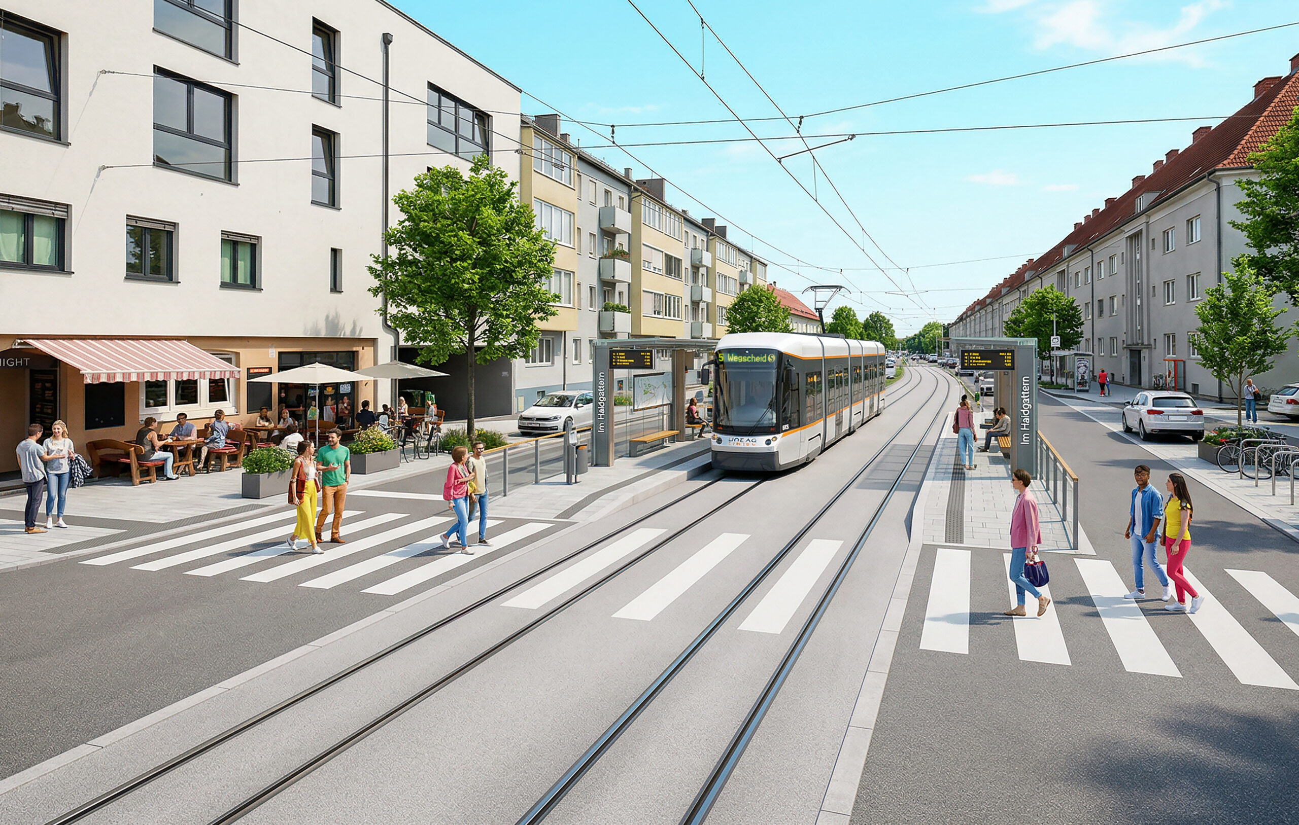 Foto: Vision einer 5er-Bim unterwegs in der Neuen Heimat (Ahoi Linz, Visualisierung mit Unterstützung von KI) „5er-Bim“: Eine neue Straßenbahnlinie für den Linzer Süden