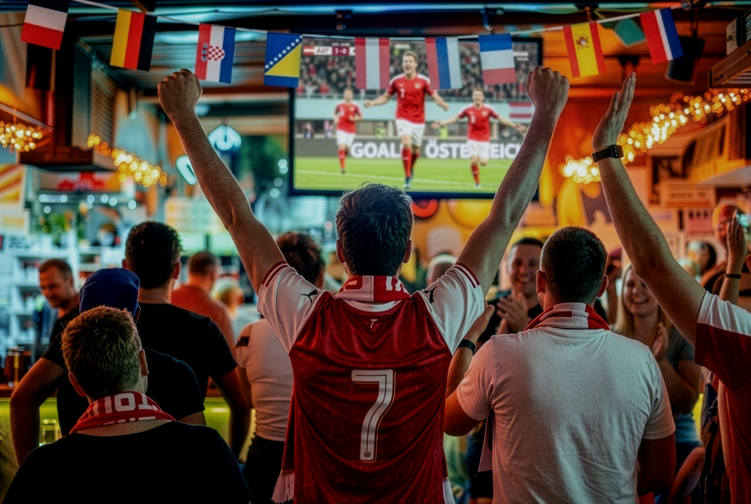 Gemeinsam mitfiebern in einem Linzer Lokal. (Foto: Symbolbild, Ahoi Linz; mit Unterstützung von KI) Gemeinsam schauen statt alleine daheim sitzen: Ausnahme der Sperrzeiten zur Fußball-WM