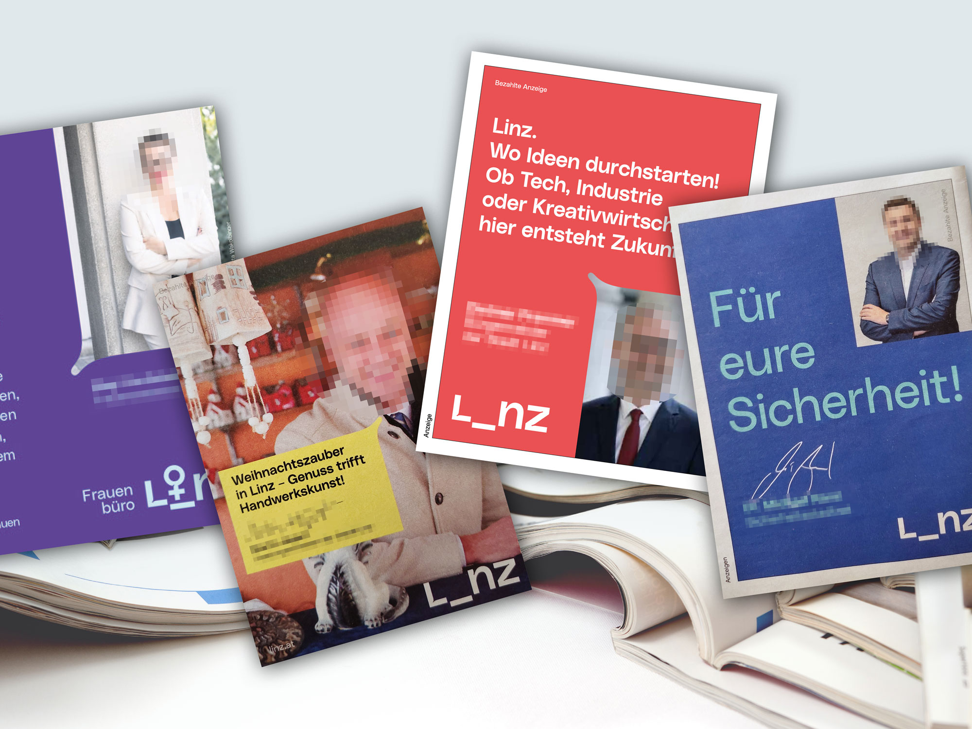 Ausschnitte aus Inseraten von Stadtsenatsmitgliederïnnen der Stadt Linz. Finanziert aus öffentlichen Mitteln. (Foto: Ahoi Linz, Montage mit Bild von stock.adobe.com/C.Castilla) Sachlich informieren statt Personenkult etablieren: Ahoi fordert „Kopfverbot“